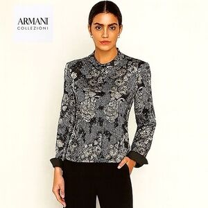 Armani Collezioni Black & Ivory Floral Print Jacket Sikk Linned– Size 8